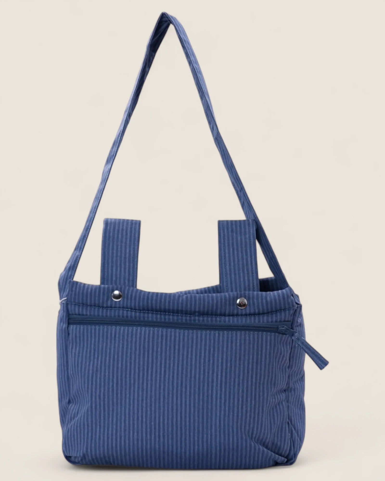 striped blue baby stroller bag, back view with a handle 