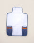 baby changig mat opened, with blue pockets for diapers and wipes and a waved orange design