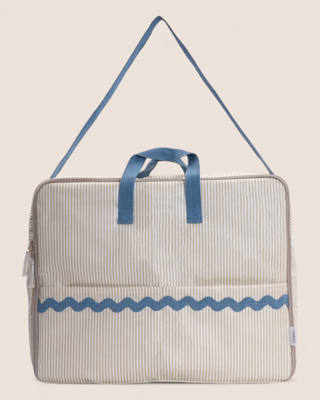 striped beige maternity bag with blue handles and details