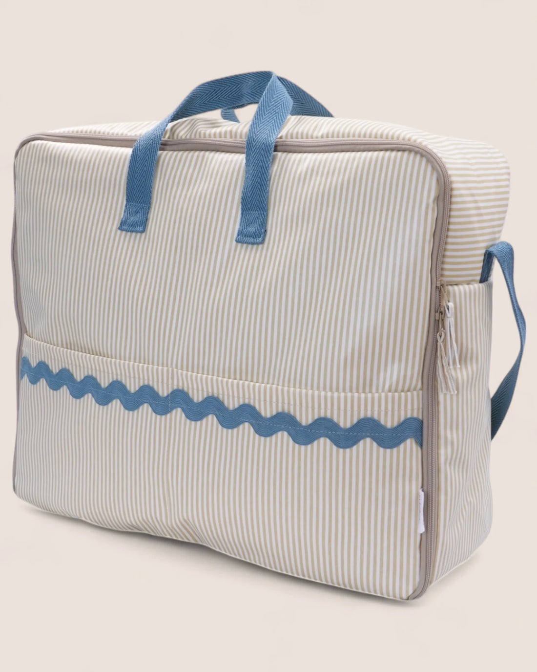 striped beige maternity bag suitcase with blue handles and details