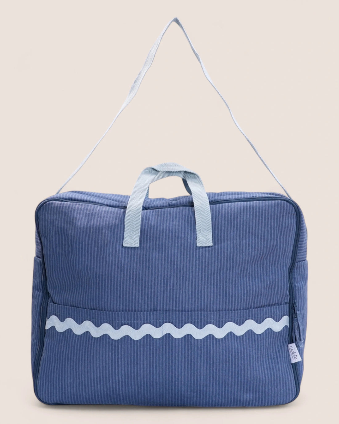 Blue striped maternity suitcase bag with light blue waved details and handles
