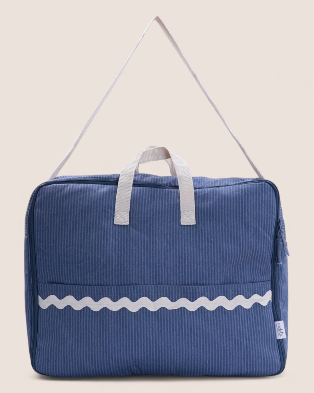 Blue maternity suitcase striped bag with white handle and decorative waved stripe 