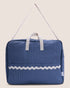 Blue maternity suitcase striped bag with white handle and decorative waved stripe 