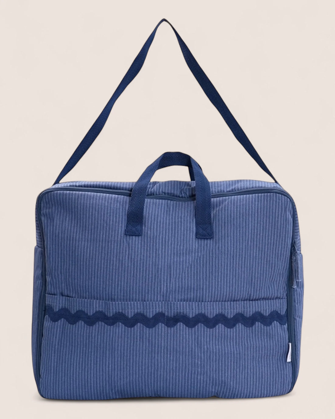 striped blue maternity suitcase bag with marine handles and waved design