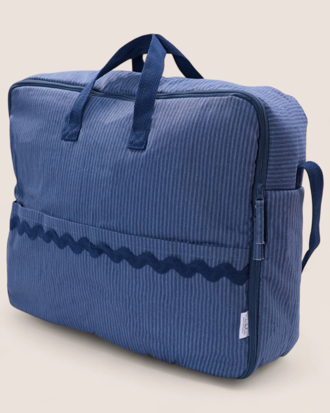 striped blue maternity suitcase bag with marine handles and waved design