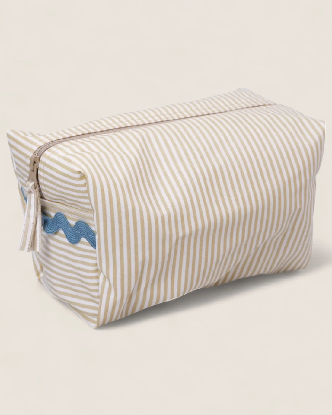 Rectangular striped toiletry bag with blue waved detail 